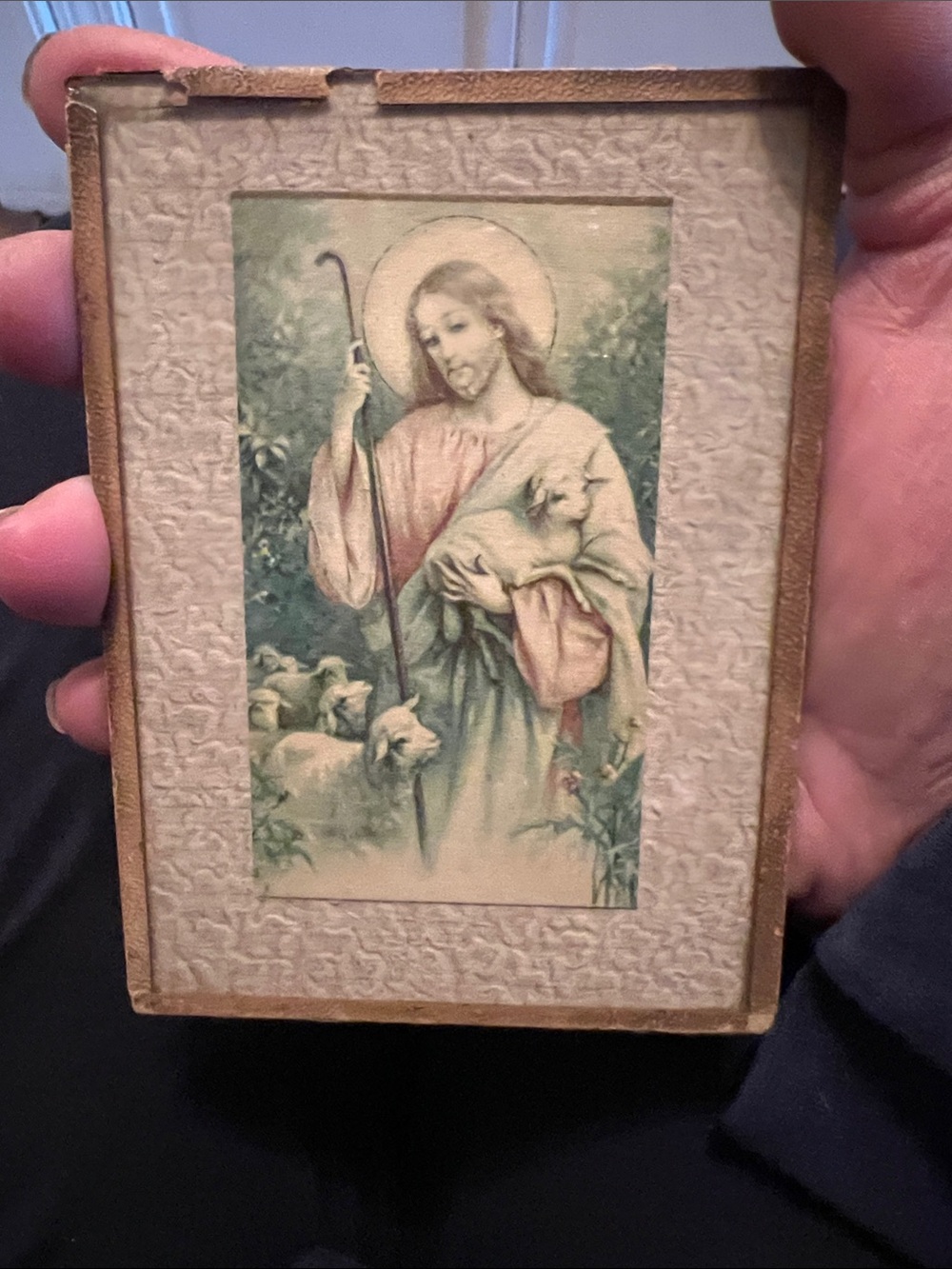 Antique Framed Jesus Holy card Good Shepherd 3.75” x 5”